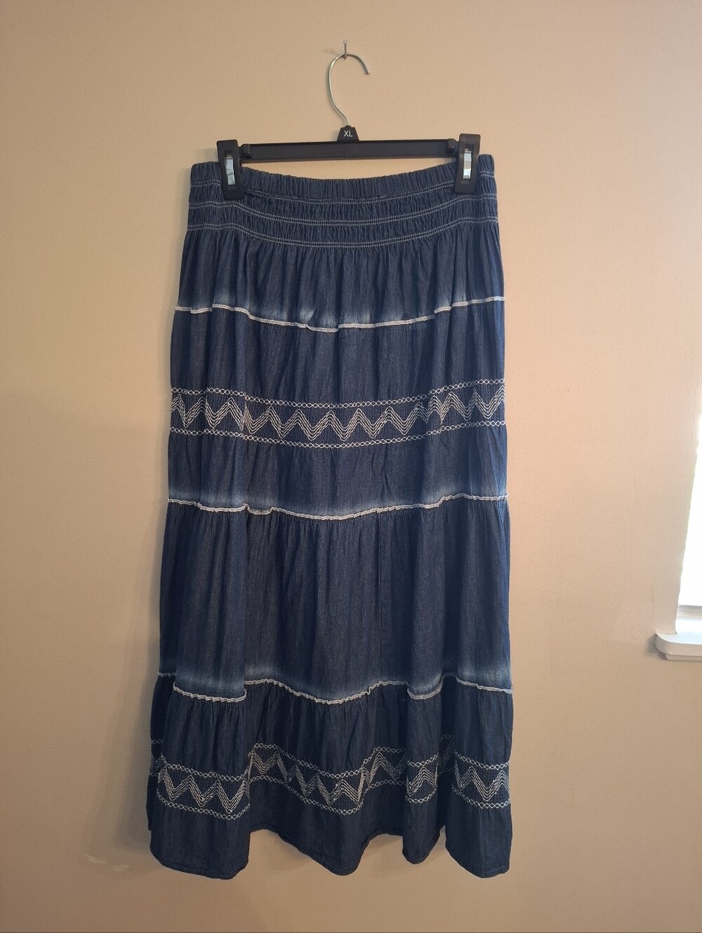 Women's Denim Blue Tiered Boho Western Midi Skirt with Embroidered Detail